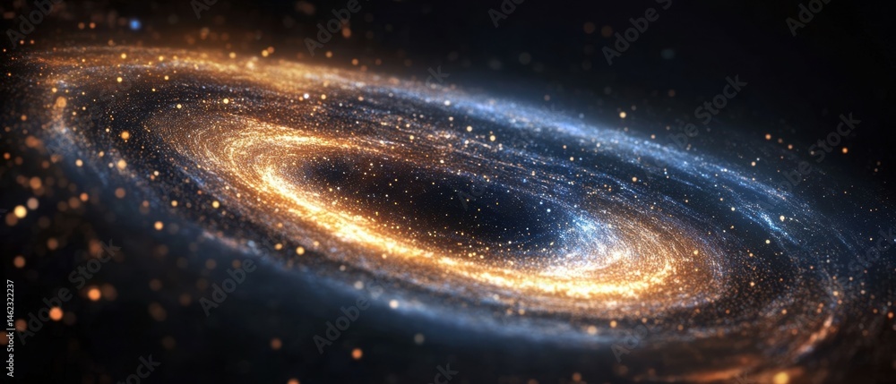 Poster futuristic digital galaxy with glowing particles and dynamic circular patterns