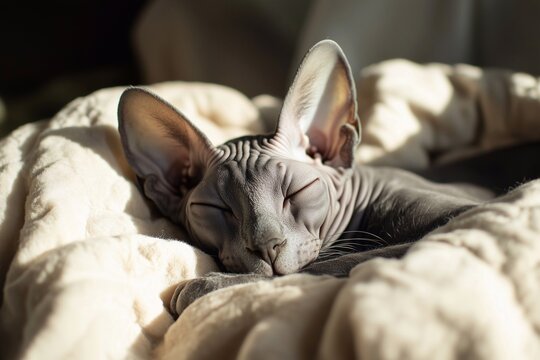Peterbald a gray furless cat resting on a soft bed, generated AI