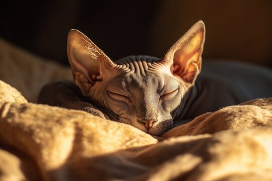 Peterbald a gray furless cat resting on a soft bed, generated AI