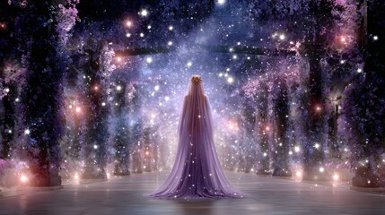 Woman in Lavender Gown Stands in a Starlit Forest Path