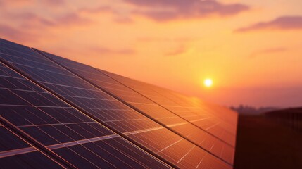 Solar Panels Capturing Sunset Light in Renewable Energy Landscape
