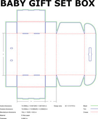 Flat baby gift box design template with cutting lines and dimension details for packaging
