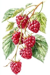 Delicate and vibrant watercolor depiction of juicy raspberries on a clean white backdrop.