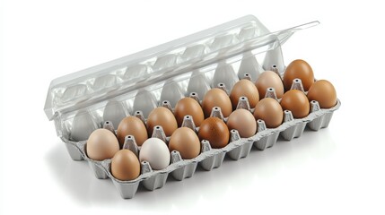 Fresh eggs in a carton, showcasing various colors and sizes