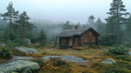 Rustic log cabin in a foggy forest with lichen-covered rocks surrounds it. Evokes feelings of peace, nature, and solitude for travel or lifestyle projects.