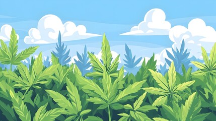 Fototapeta premium Lush green cannabis plants under a bright blue sky with fluffy white clouds