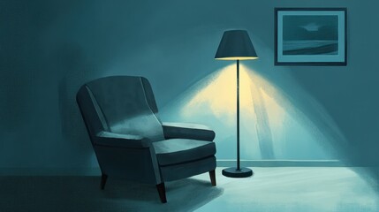 Gentle, teal-toned interior scene with armchair and lamp.