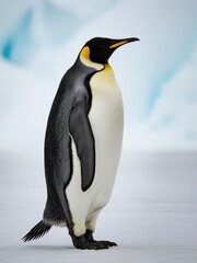 Obraz premium Penguin Standing Upright with Black and Yellow Markings on Head and Neck, White Background