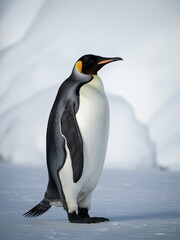 Obraz premium Penguin Standing Upright with Black and Yellow Markings on Head and Neck, White Background