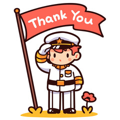 Officer soldier salute with flag saying Thank you and red poppy flower, remembrance day or veteran's day, doodle cartoon character, kawaii isolated cute clean and simple vector illustration