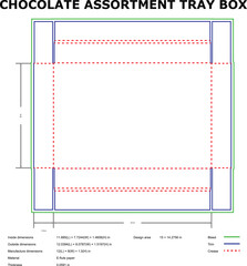Detailed diagram of a chocolate assortment tray box showing dimensions and measurements