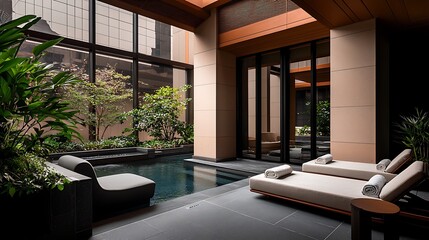 Luxurious indoor courtyard pool area with lounge seating and lush greenery