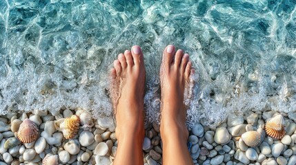 A person's feet stand at the edge of the sea, with gentle waves washing over the beach.