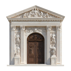 Naklejka premium Ornate Classical Architecture with Intricate Relief Sculptures and Grand Entrance Doorway Viewed from the Front on transparent background