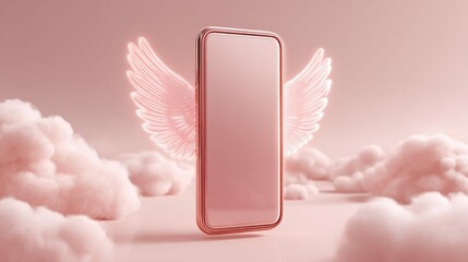 A pink smartphone with glowing angel wings hovers above clouds in a surreal scene.