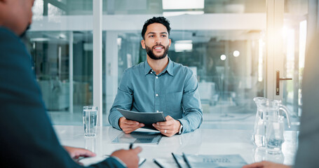 Job interview, CV review and businessman in office for recruitment, opportunity or onboarding....