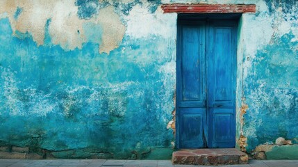 Ancient Blue Door in Weathered Wall