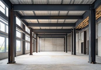 Empty interior of a modern industrial building with exposed steel framework and large windows.  Interior structural columns and beams are prominent features, with a concrete floor and walls