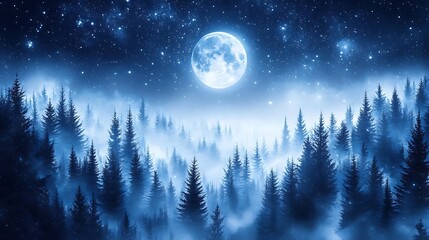 Fototapeta premium Full moon over misty forest at night