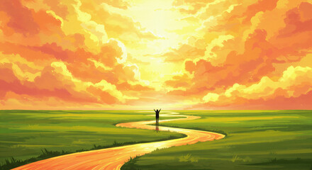 Figure with Open Arms in Vibrant Sunset Landscape - Hope Freedom Success Illustration
