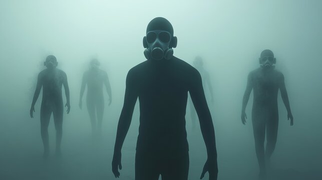 Anonymous figures in gas masks symbolizing resistance against a totalitarian regime in a surveillance-controlled society Eerie fog surrounds them 3D render