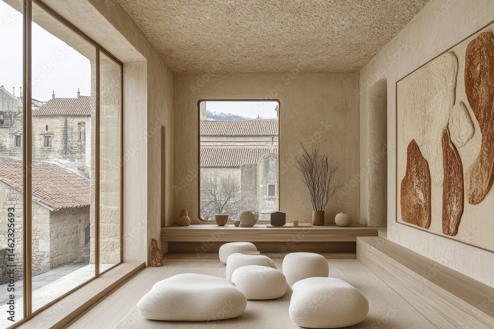 Poster interior view of a modern minimalist space, earth tones, and exterior views. it can be used to repre