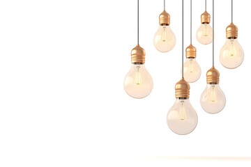 Seven vintage-style light bulbs hang, glowing softly against a white background
