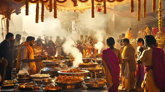 Festive communal feast preparation, traditional Indian cooking and culture celebration