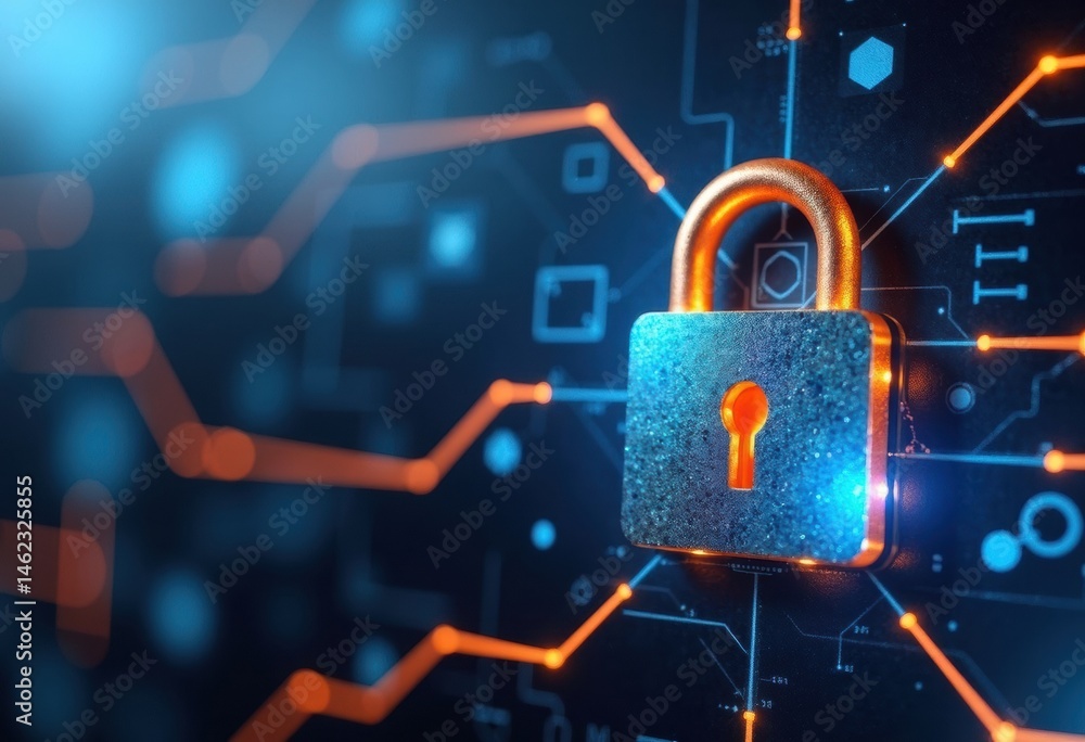 Poster digital padlock symbolizing cybersecurity and data protection in technology