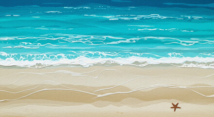 Painterly Beach Illustration with Textured Waves & Starfish - Summertime Coastal Art