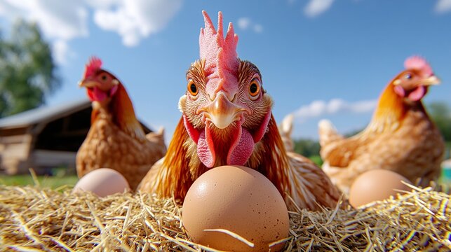 Close-up of chickens laying eggs, laying hens, chickens hatching eggs on the farm.