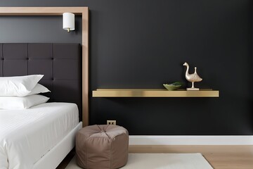 Sleek Bedroom Interior with Brass Shelf and Contemporary Design, featuring Decorative Accents and a Minimalist Aesthetic.                             