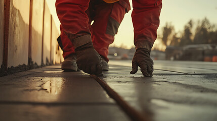 Fototapeta premium Construction Worker Installing Concrete Slabs