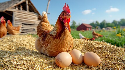 Close-up of a chicken sitting in front of eggs in front of a village stable, a hen laying eggs, laying hens, hens hatching eggs on a farm.