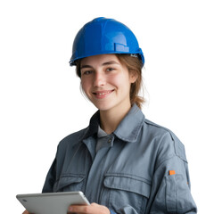 Construction worker using tablet site location portrait professional environment transparent background