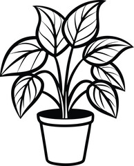 House plant in pot silhouette, House plant in a pot doodle outline, Potted plant line art vector illustration