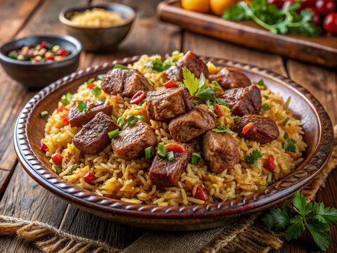 Panoramic View of Aromatic Spiced Rice with Meat, Bariis Iskukaris Dish