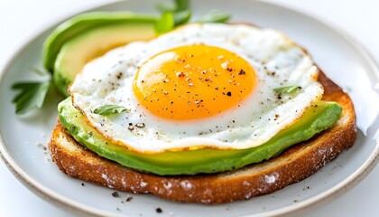 Sunny-side up egg atop mashed avocado on toast