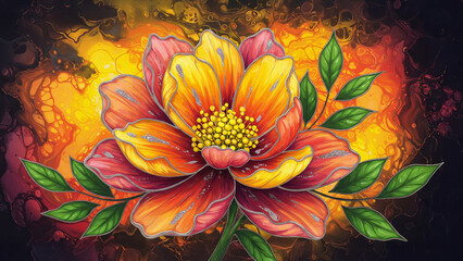 Vibrant Fiery Flower Illustration with Fluid Art Background - Colorful Bloom