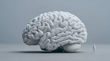 A large brain model next to a small human figure, set against a muted gray background.