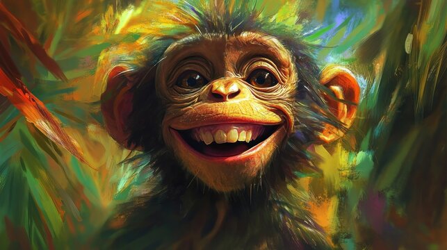 Joyful chimpanzee portrait in vibrant jungle setting