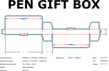 Detailed blueprint design of a pen gift box with dimensions and manufacturing specifications