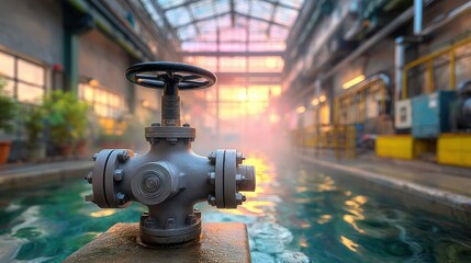 Fototapeta premium A large metal valve sits prominently in an industrial setting, surrounded by water and soft light.
