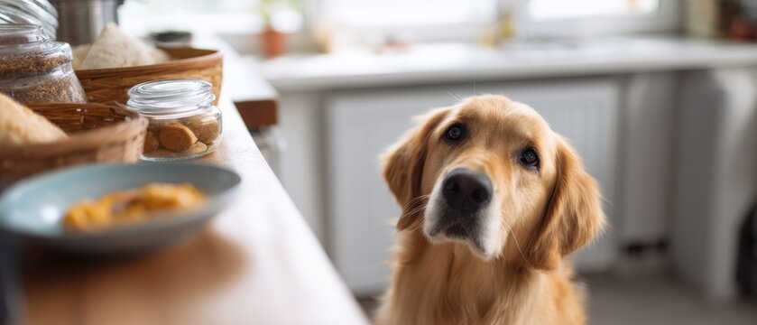 A golden retriever gazing at food on a kitchen counter with curiosity.

 - Powered by Adobe