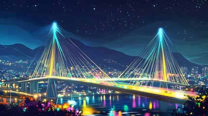 Obraz premium Vibrant nighttime city scene with illuminated suspension bridge.