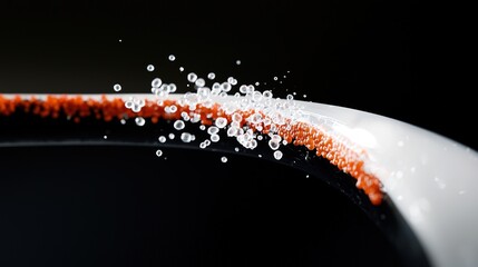 Close-up view of water droplets exploding on a ceramic rim.