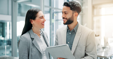 Business, smile and people in office, tablet and corporate professional with digital app for trading. Internet, employees and investor with teamwork, tech and support with email and stock exchange