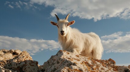 Obraz premium White goat standing on top of a rocky hillside. the goat has long, fluffy fur and two large horns on its head. it is looking directly at the camera with a curious expression.