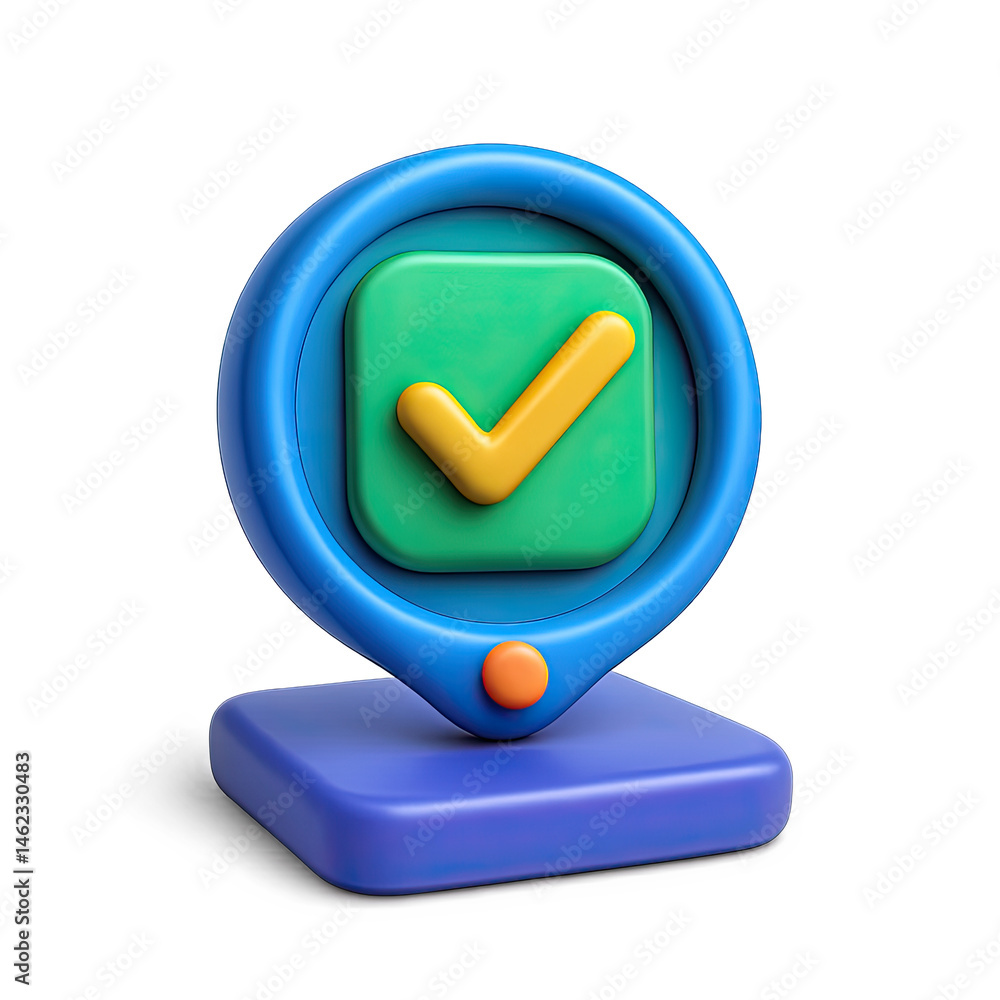 Poster 3d render of a bright check mark icon on location pin