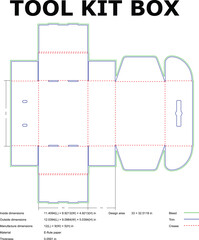 Detailed blueprint schematic and dimensions of a cardboard tool kit box packaging design.